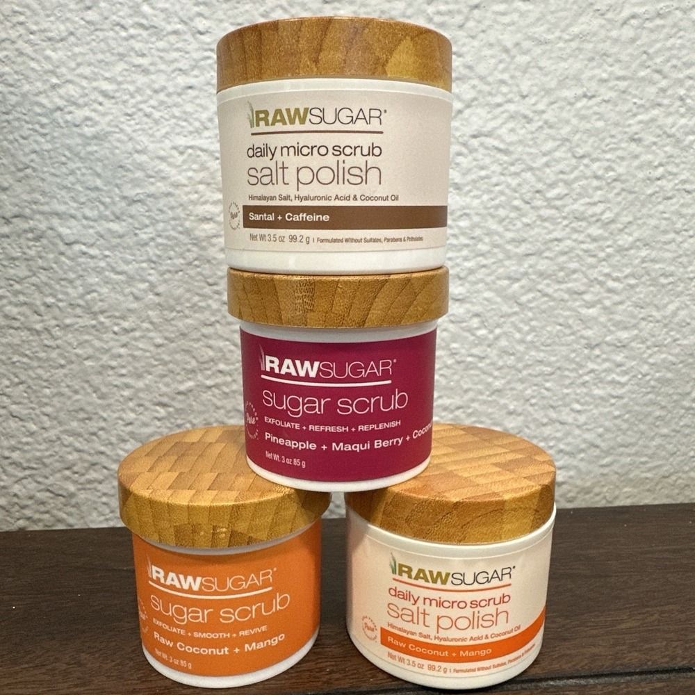 4 Pack Raw Sugar Moisture Loving Sugar Scrub Coconut+ Mango, Pineapple, 15.0 oz